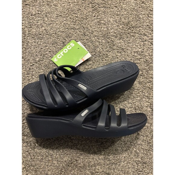 Crocs Rubber Rhonda Women Sandals Size 11 Navy Blue Wedge Slip On Slides - Picture 6 of 9